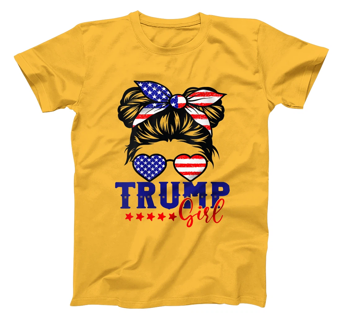 Womens Trump Girl Messy Bun Trump 2024 Election American Flag T-Shirt