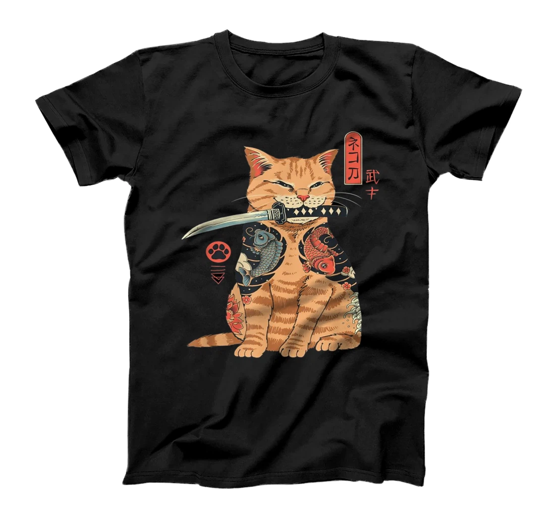 Japanese Samurai Ninja Cat Kawaii Tattoo Graphic T-Shirt