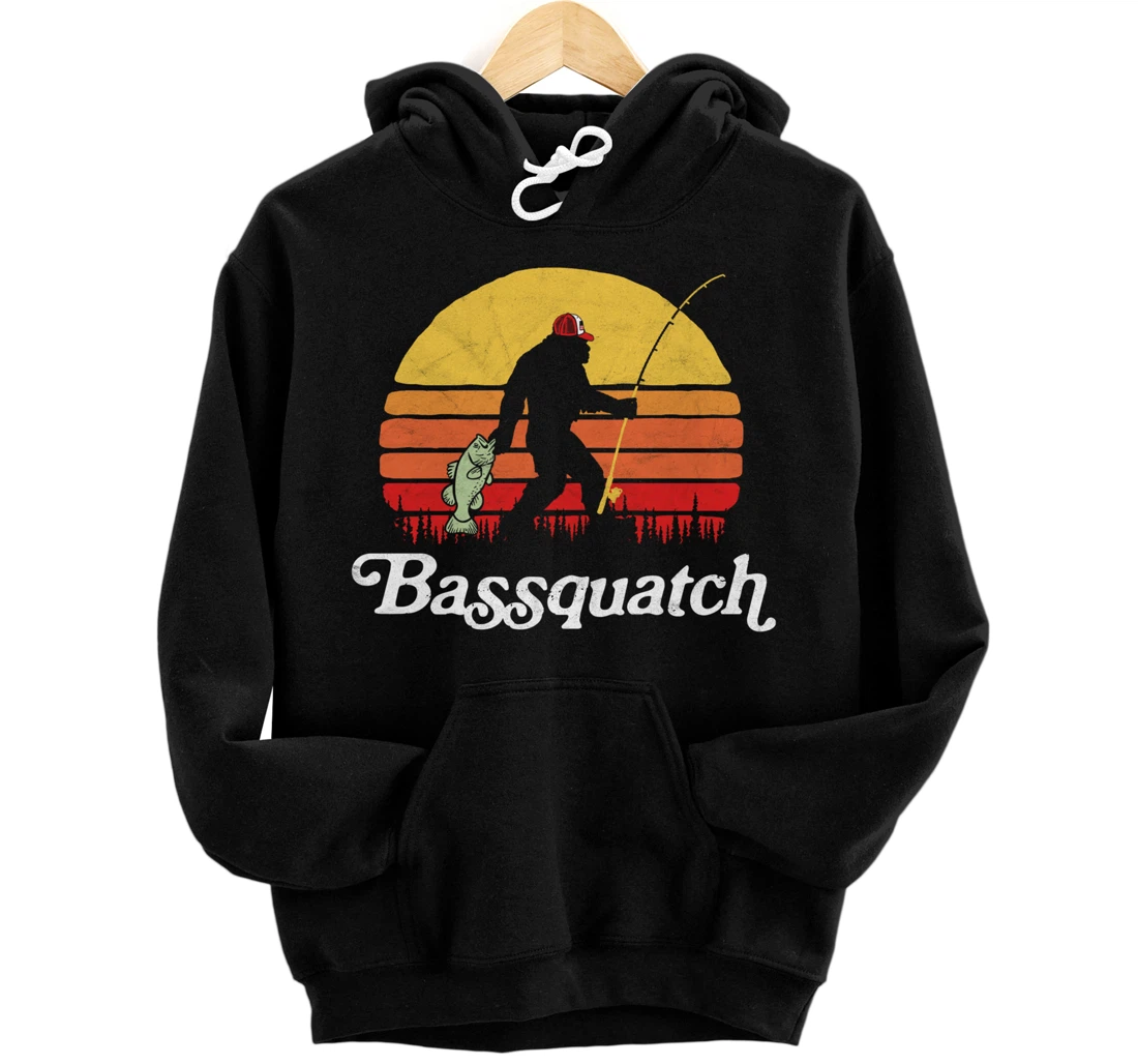 Bassquatch! Funny Bigfoot Fishing Outdoor Retro Pullover Hoodie, Long Sleeve