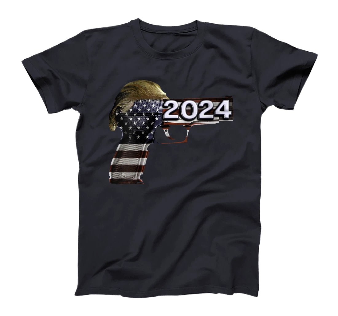 Womens Donald Trump 2024 Funny Political US Flag Gun Shirt T-Shirt