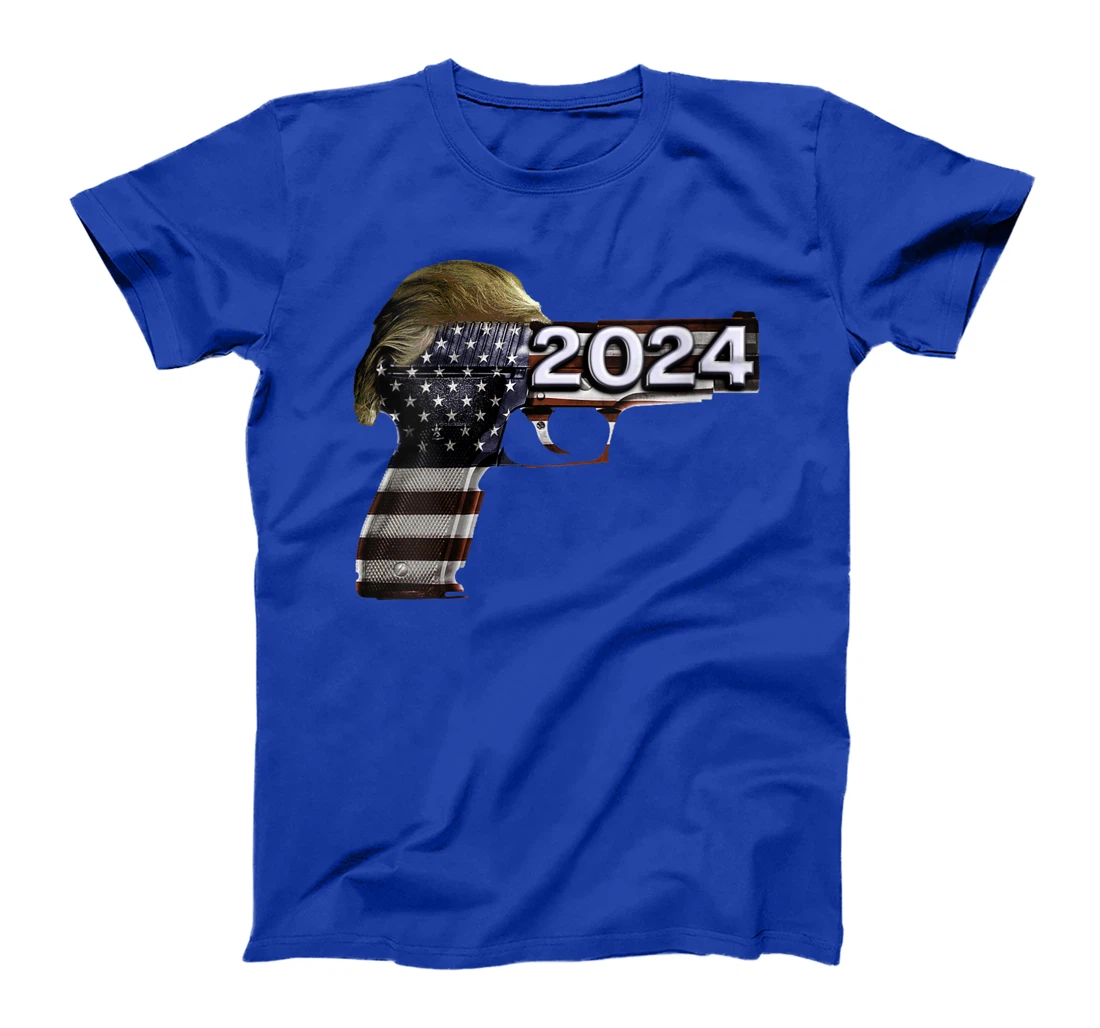 Womens Donald Trump 2024 Funny Political US Flag Gun Shirt T-Shirt