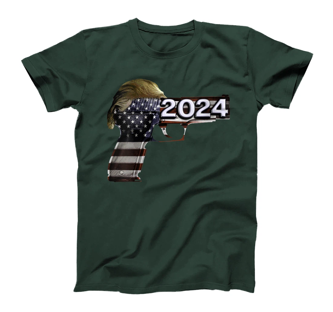 Womens Donald Trump 2024 Funny Political US Flag Gun Shirt T-Shirt