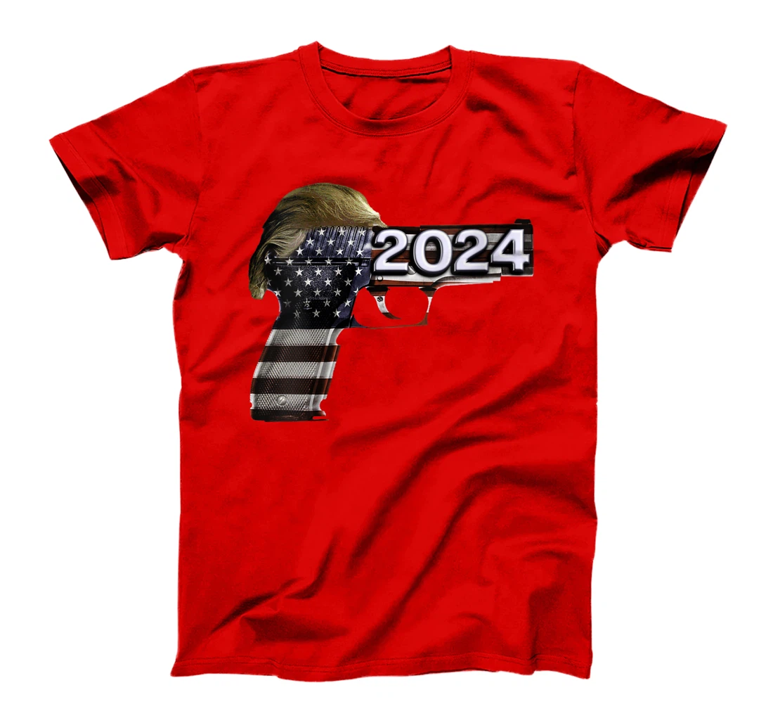 Womens Donald Trump 2024 Funny Political US Flag Gun Shirt T-Shirt