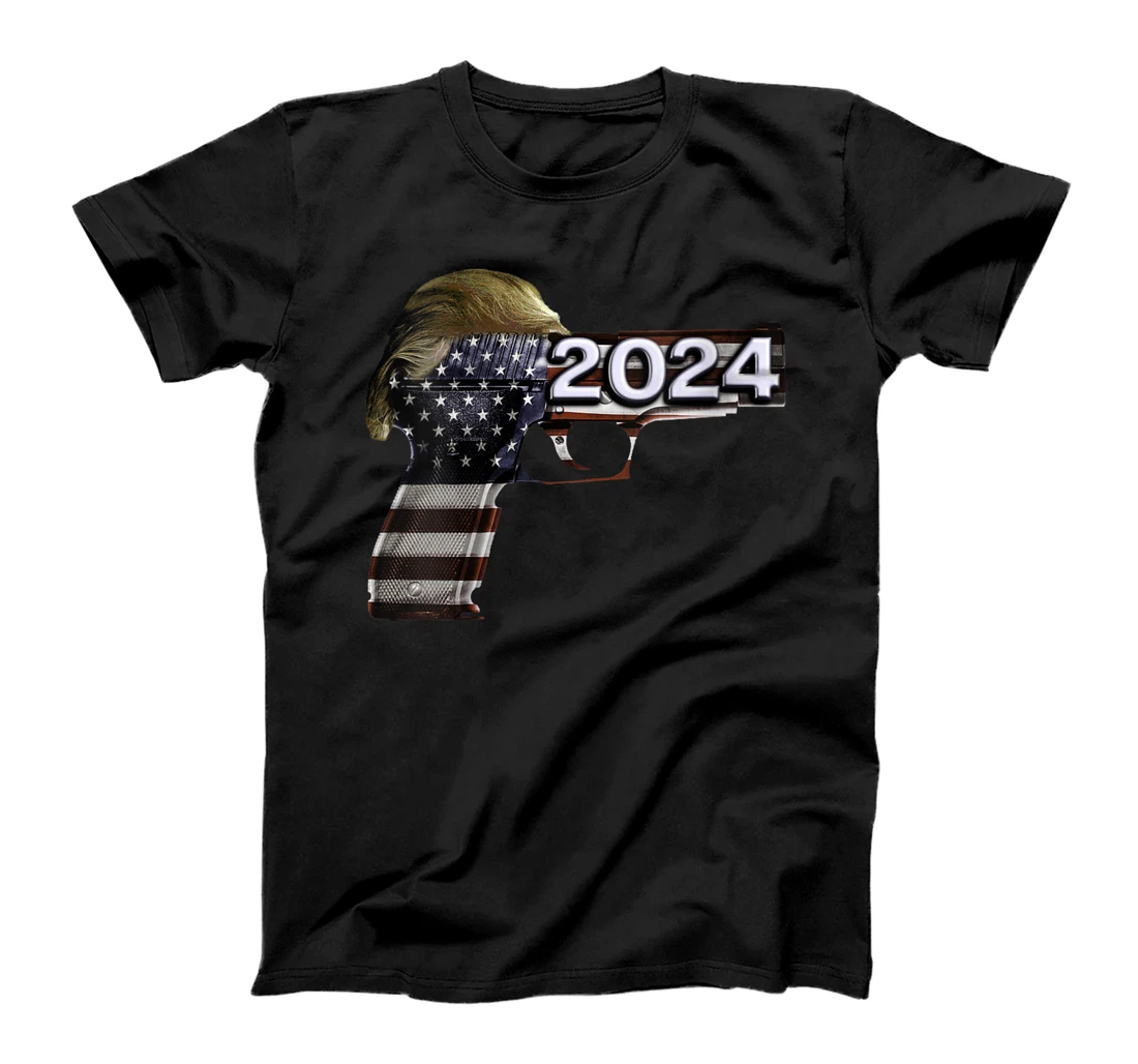 Womens Donald Trump 2024 Funny Political US Flag Gun Shirt T-Shirt