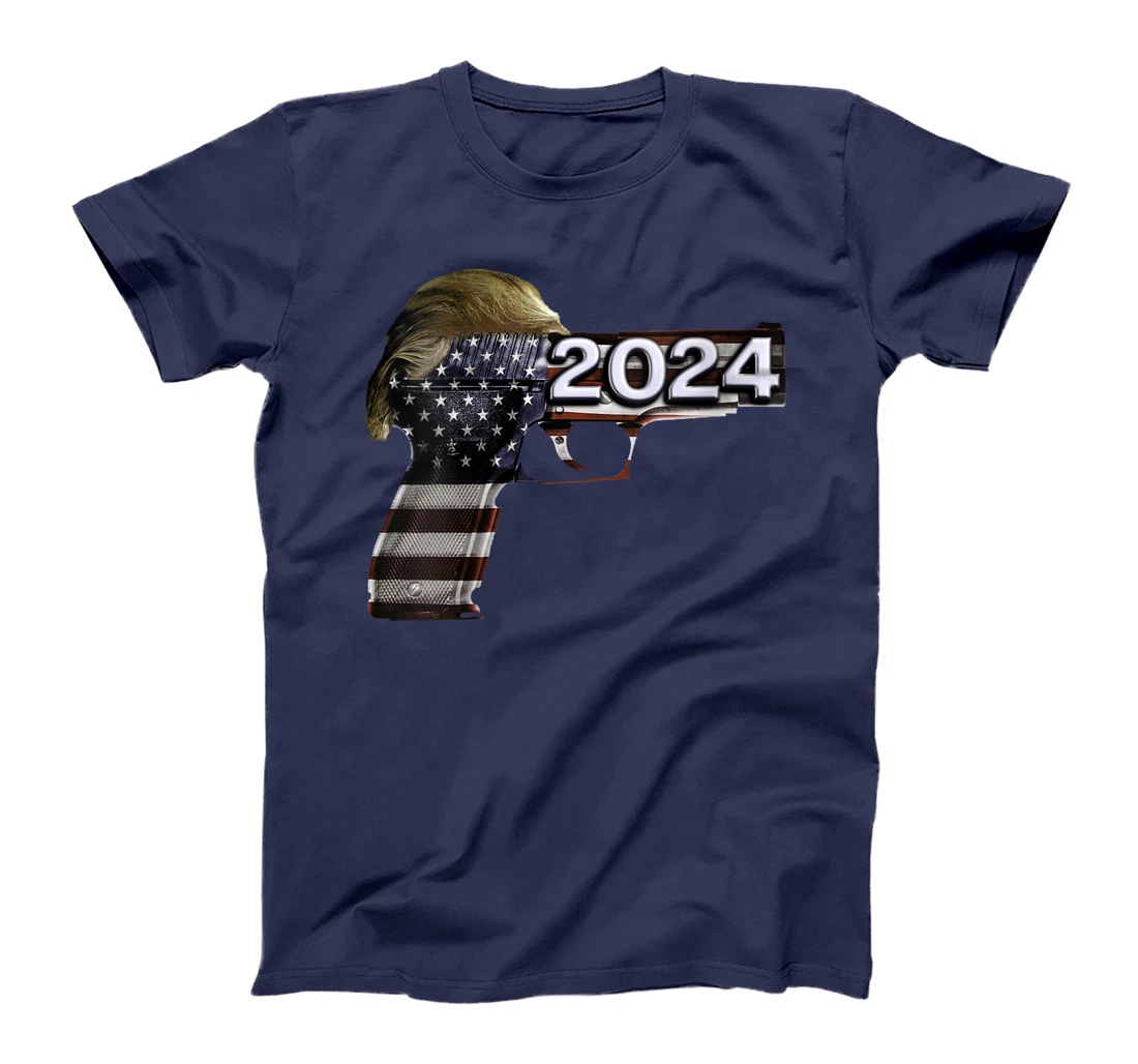 Womens Donald Trump 2024 Funny Political US Flag Gun Shirt T-Shirt