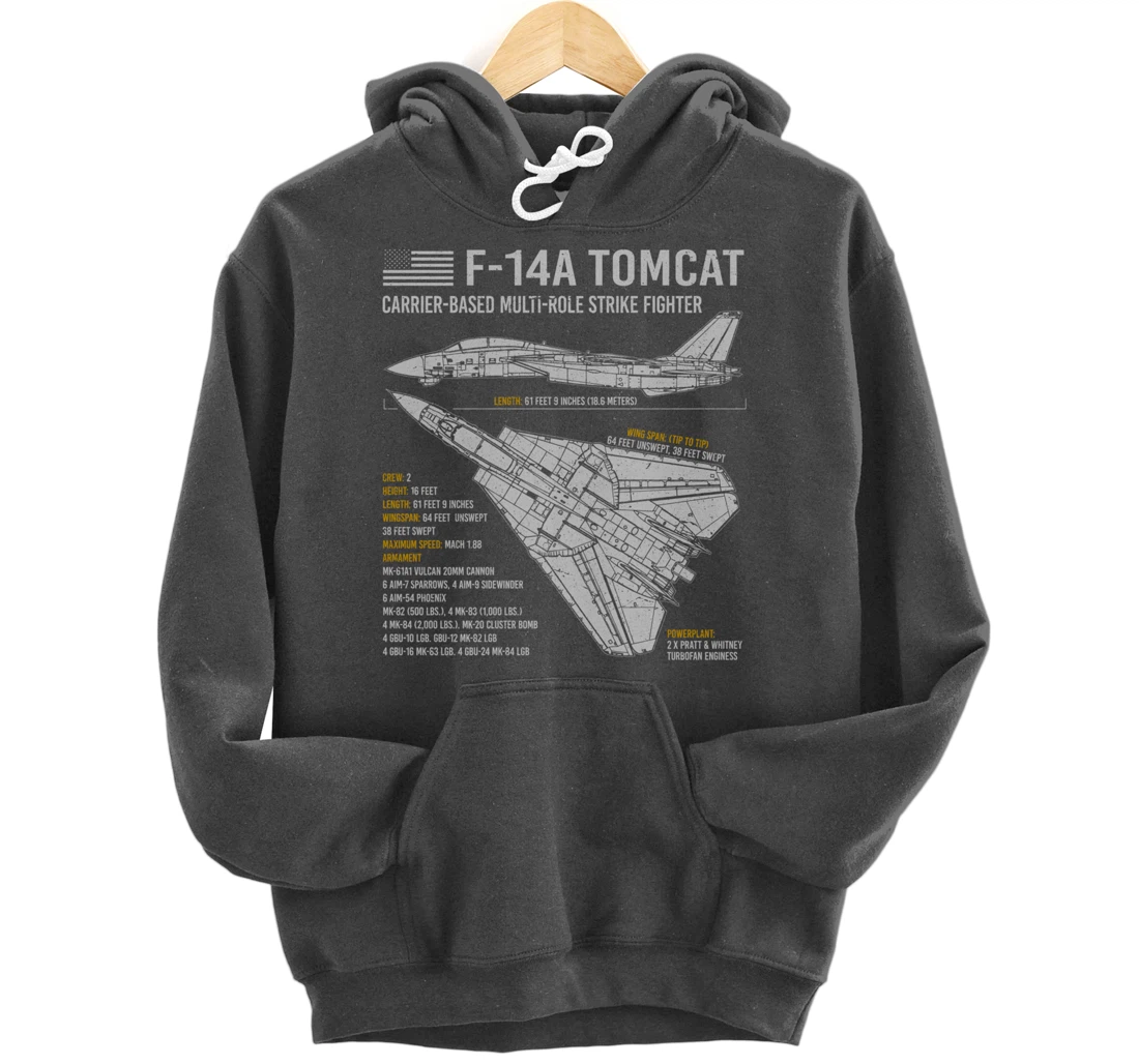 F-14 Tomcat F14 Fighter Aircraft Airplane Blueprint Facts Pullover Hoodie