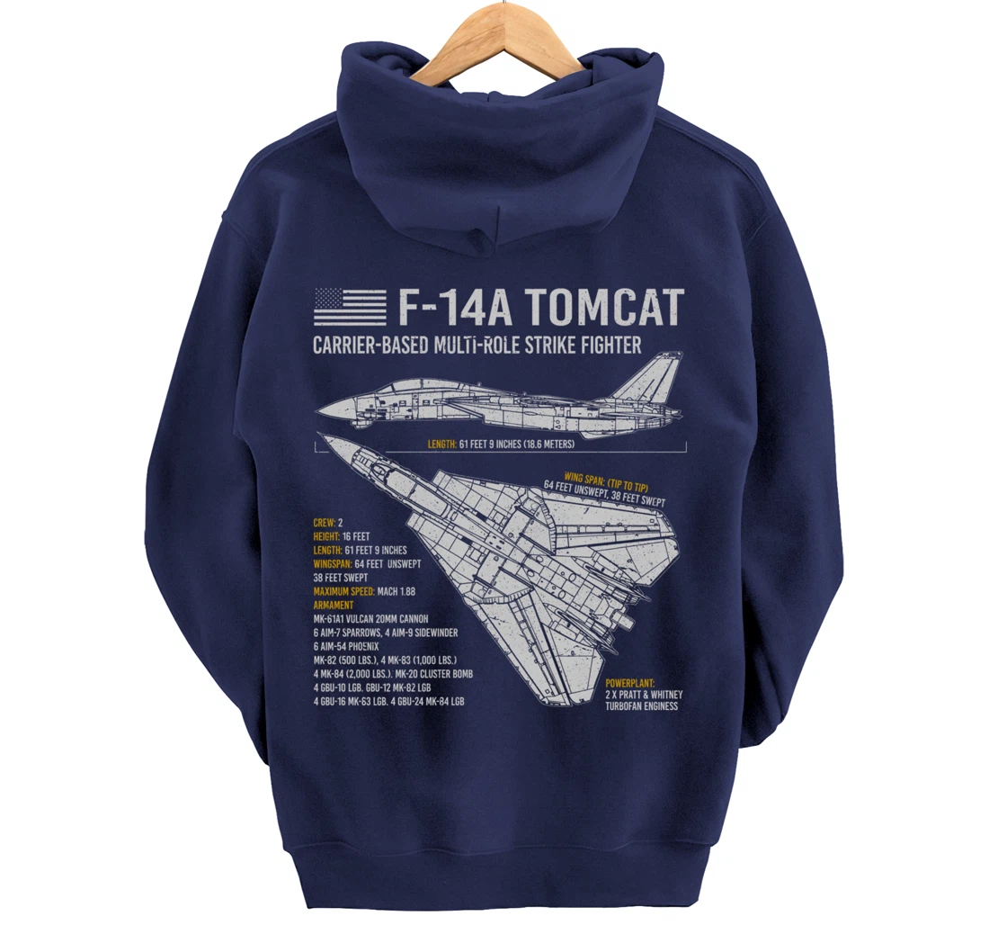 F-14 Tomcat F14 Fighter Aircraft Airplane Blueprint Facts Pullover Hoodie