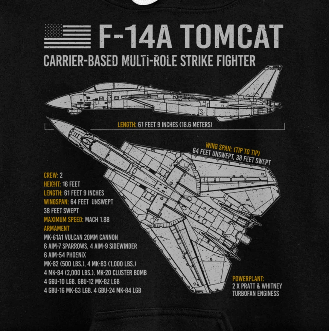 F-14 Tomcat F14 Fighter Aircraft Airplane Blueprint Facts Pullover Hoodie