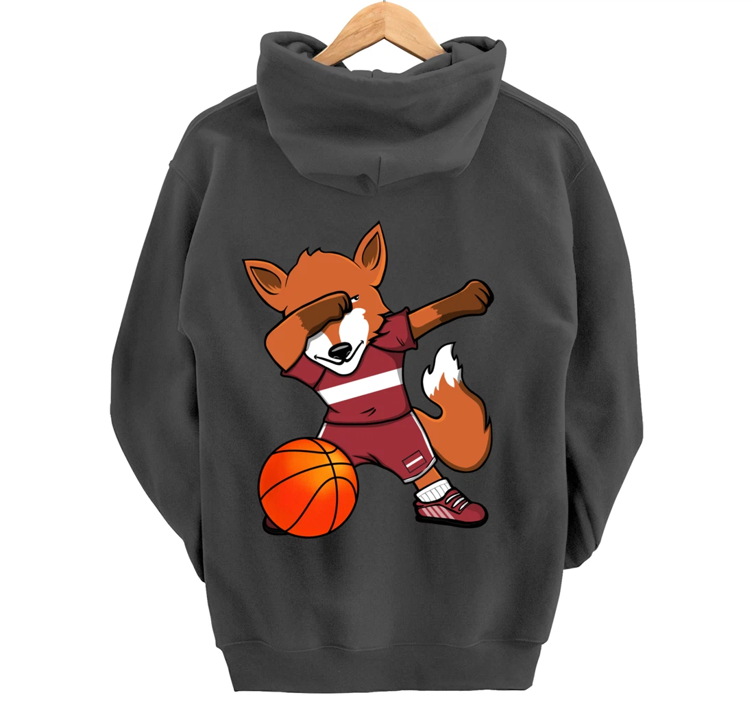 Dabbing Fox Latvia Basketball Fans Jersey Latvian Flag Sport Pullover Hoodie