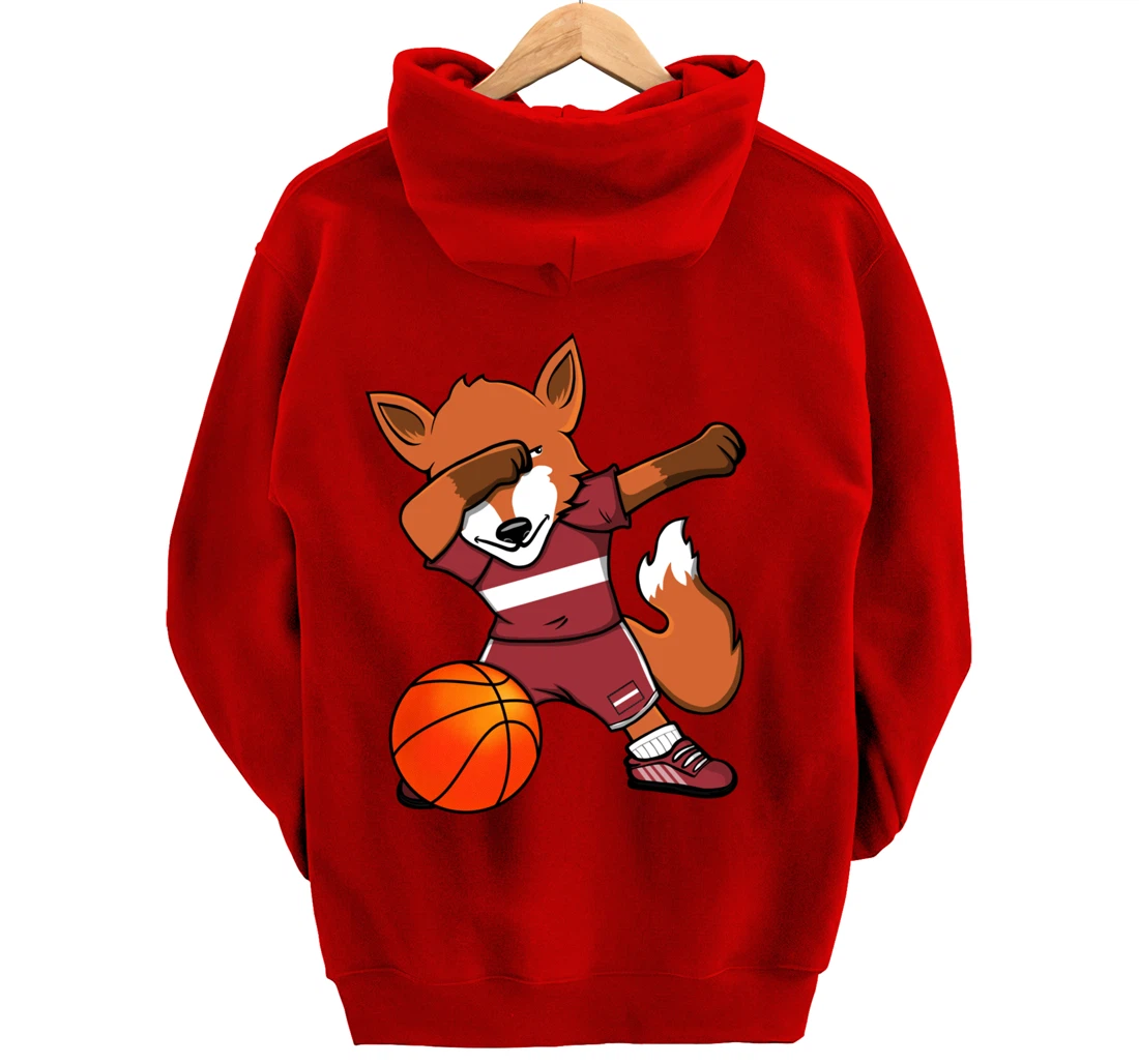 Dabbing Fox Latvia Basketball Fans Jersey Latvian Flag Sport Pullover Hoodie