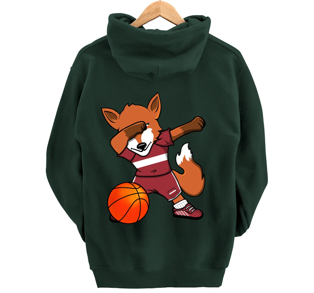 Dabbing Fox Latvia Basketball Fans Jersey Latvian Flag Sport Pullover Hoodie