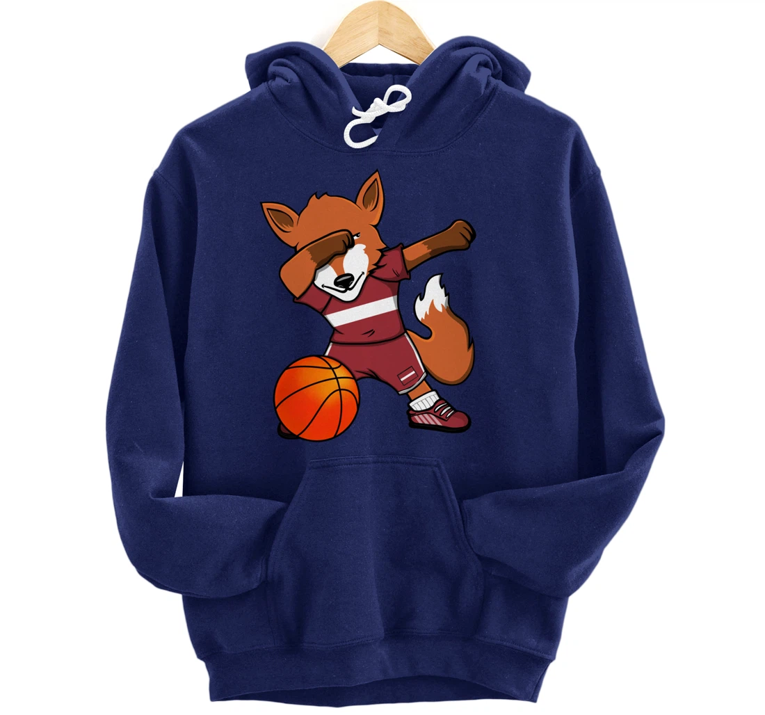 Dabbing Fox Latvia Basketball Fans Jersey Latvian Flag Sport Pullover Hoodie