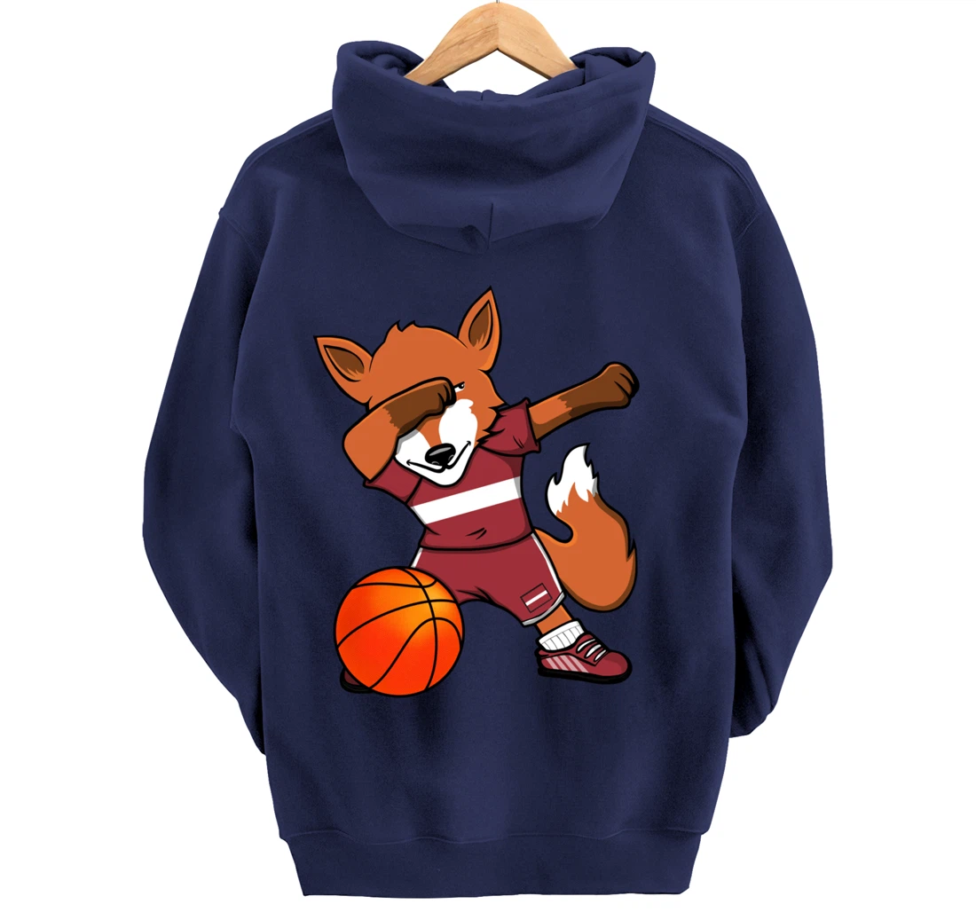 Dabbing Fox Latvia Basketball Fans Jersey Latvian Flag Sport Pullover Hoodie