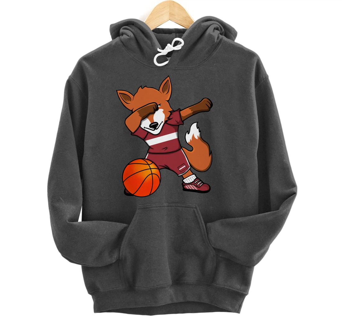 Dabbing Fox Latvia Basketball Fans Jersey Latvian Flag Sport Pullover Hoodie