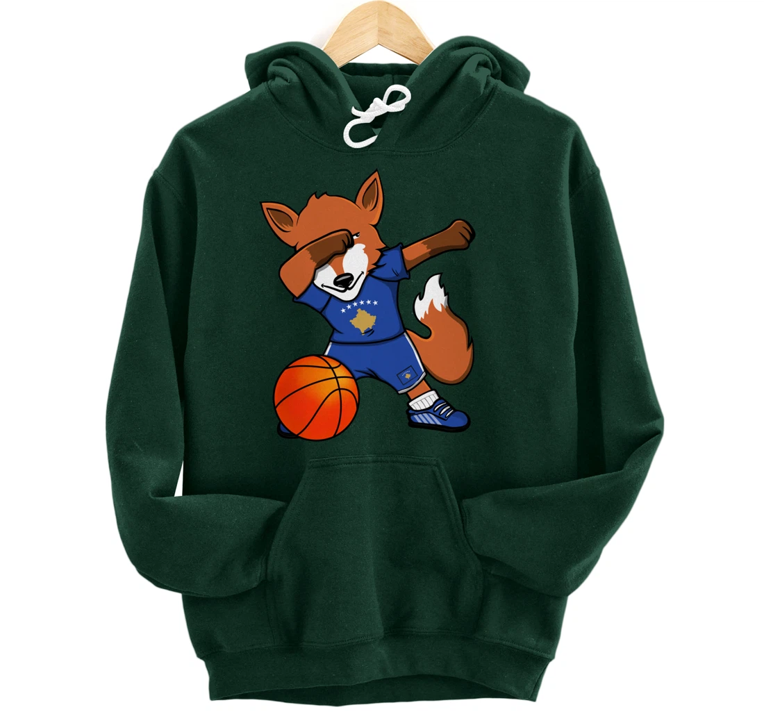 Dabbing Fox Kosovo Basketball Fans Jersey Kosovar Flag Sport Pullover Hoodie