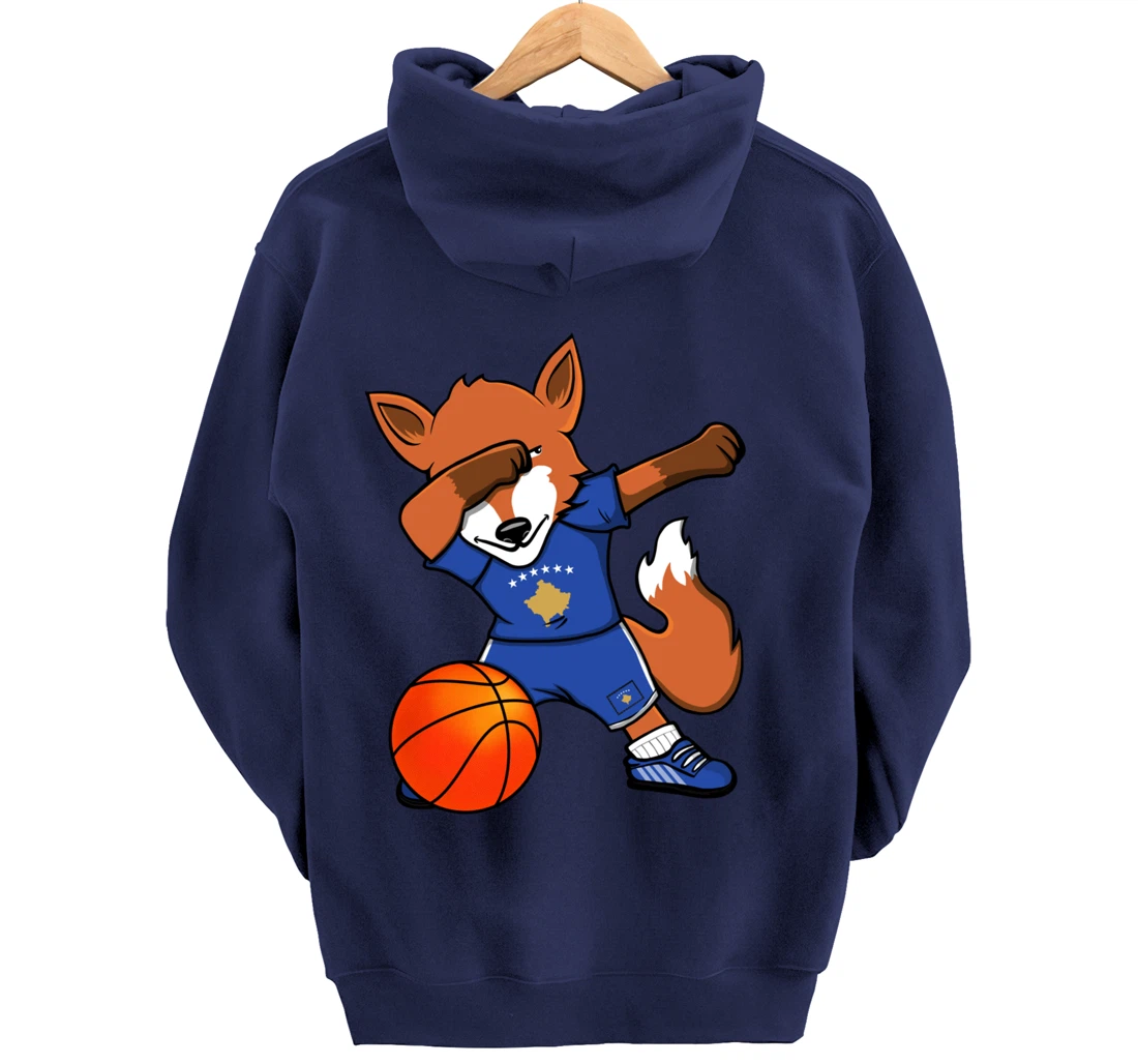 Dabbing Fox Kosovo Basketball Fans Jersey Kosovar Flag Sport Pullover Hoodie
