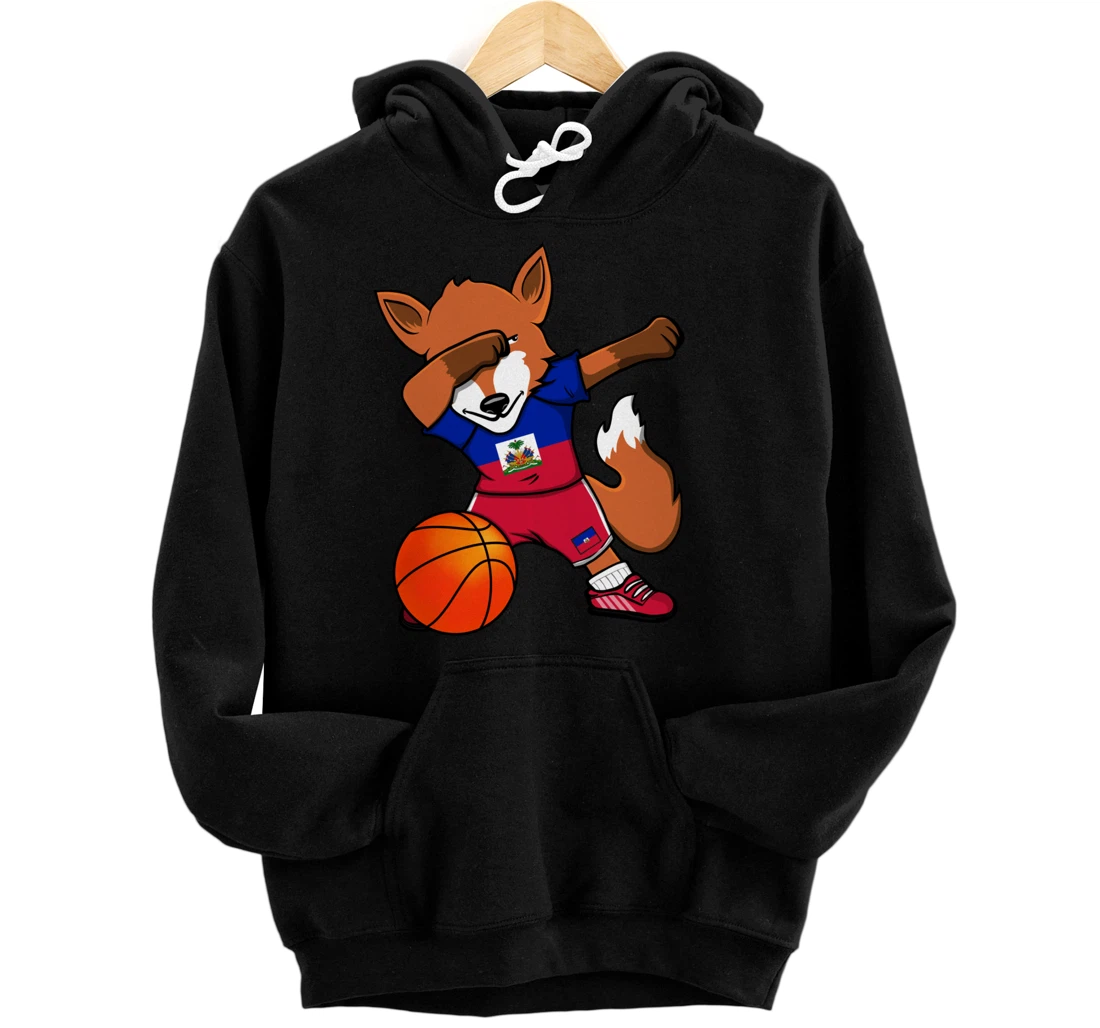 Dabbing Fox Haiti Basketball Fans Jersey Haitian Flag Sport Pullover Hoodie