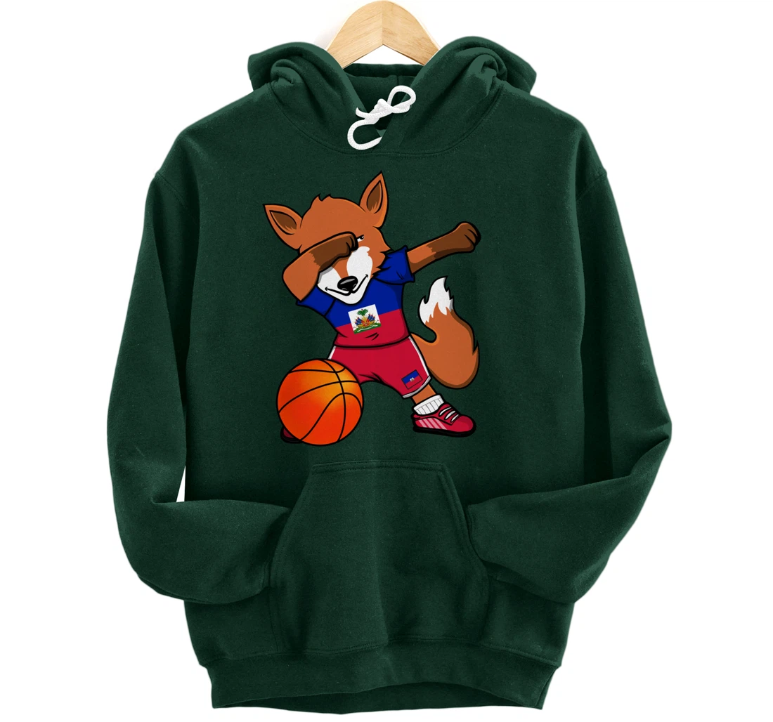 Dabbing Fox Haiti Basketball Fans Jersey Haitian Flag Sport Pullover Hoodie