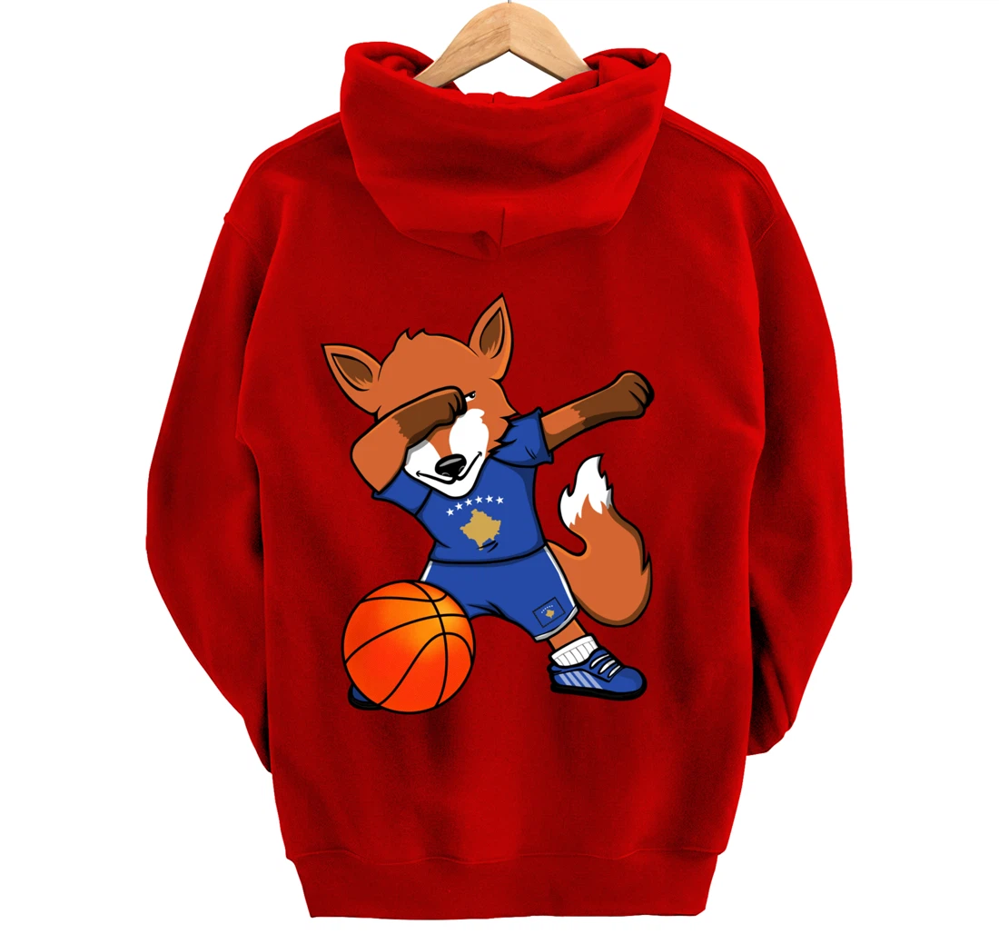 Dabbing Fox Kosovo Basketball Fans Jersey Kosovar Flag Sport Pullover Hoodie