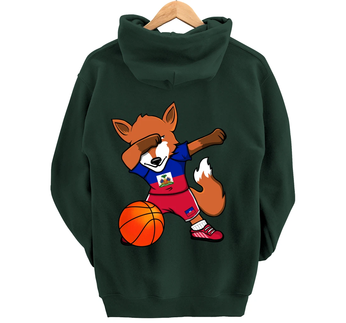 Dabbing Fox Haiti Basketball Fans Jersey Haitian Flag Sport Pullover Hoodie