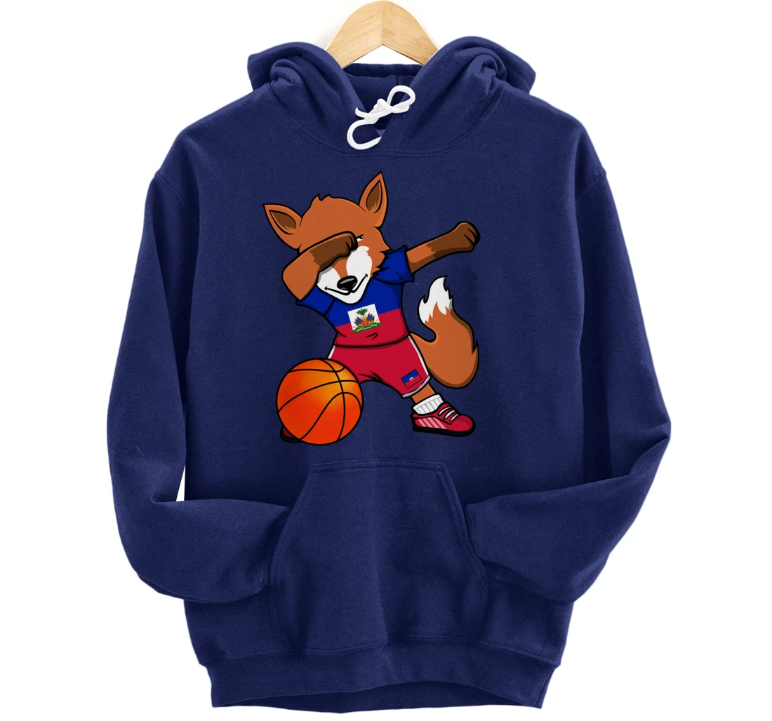 Dabbing Fox Haiti Basketball Fans Jersey Haitian Flag Sport Pullover Hoodie