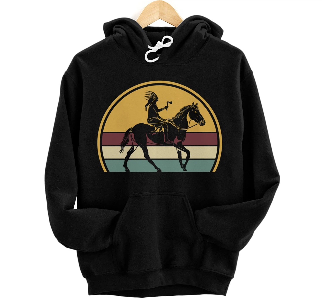 Retro Horseback Riding Indian Indigenous Native American Pullover Hoodie