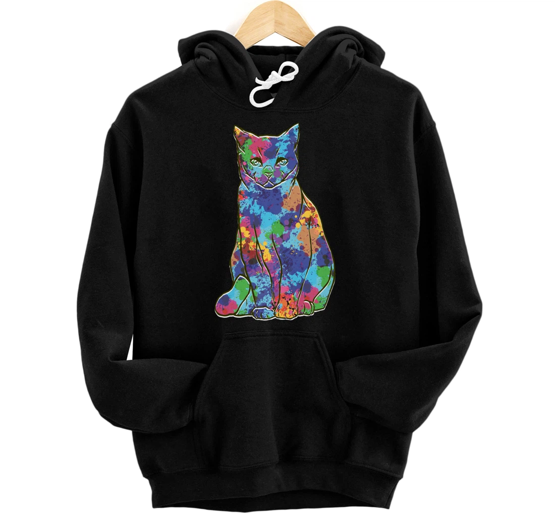 Cool Watercolor Cat Themed Colorful Art Style Kitty Lover Pullover Hoodie