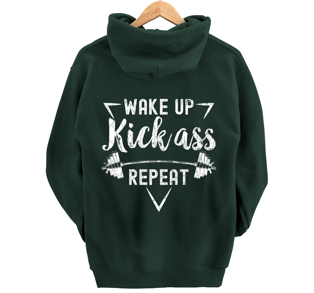 Wake Up Kick Ass Repeat Funny Gym Motivational Graphic Pullover Hoodie