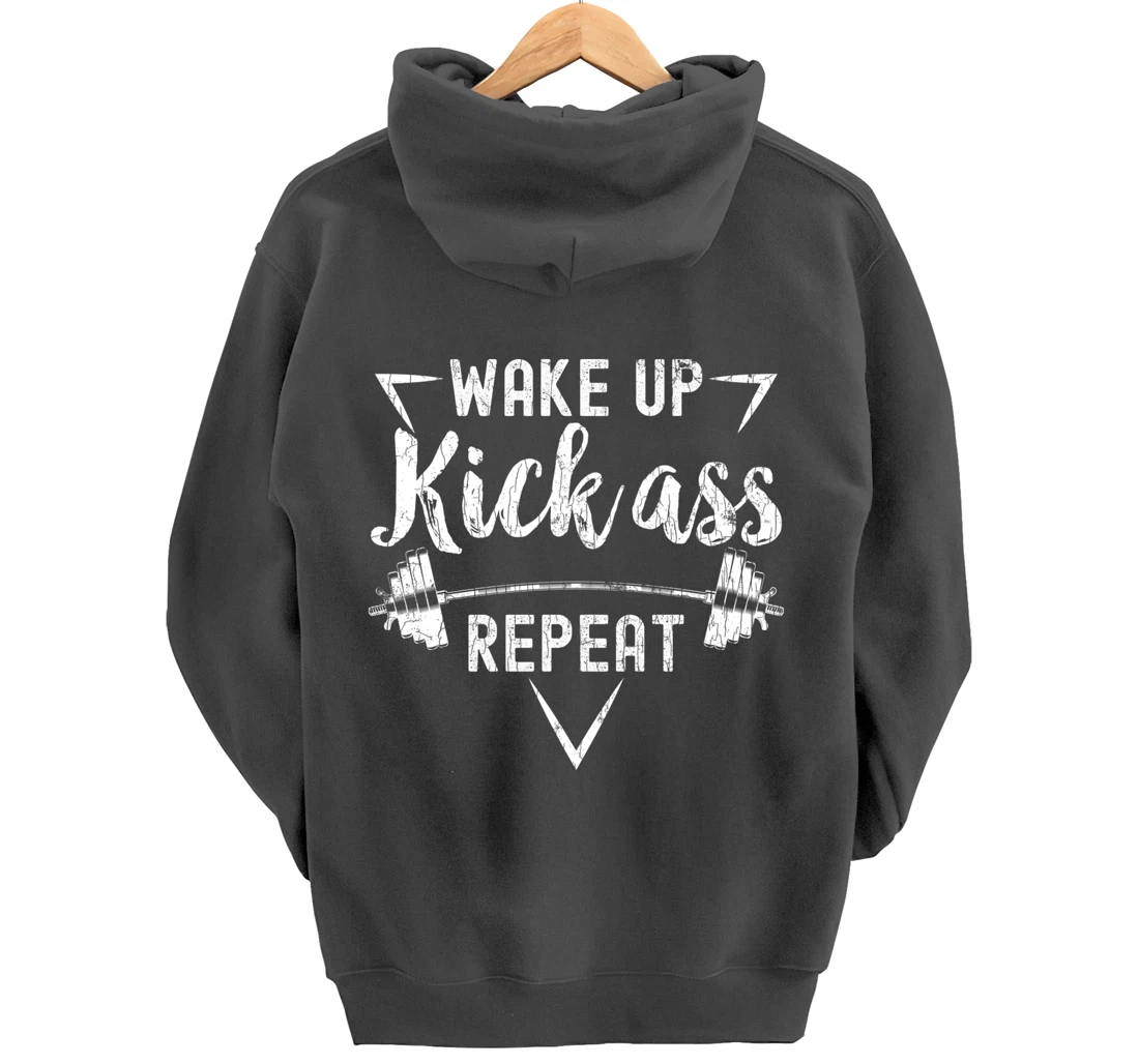 Wake Up Kick Ass Repeat Funny Gym Motivational Graphic Pullover Hoodie