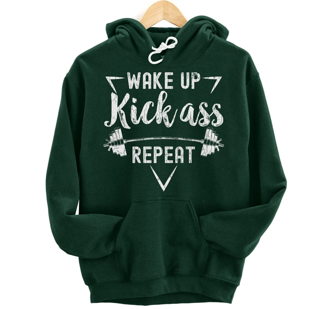 Wake Up Kick Ass Repeat Funny Gym Motivational Graphic Pullover Hoodie