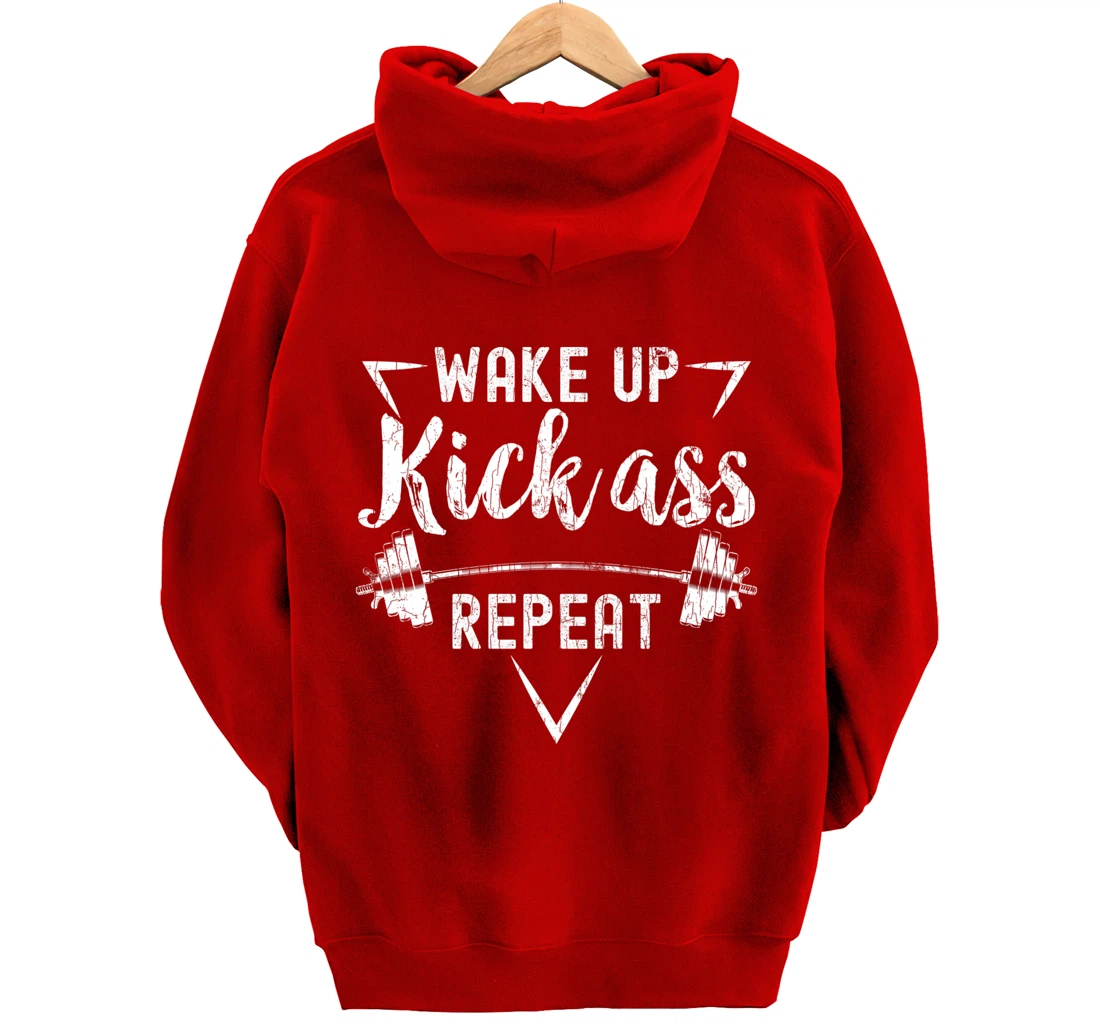 Wake Up Kick Ass Repeat Funny Gym Motivational Graphic Pullover Hoodie