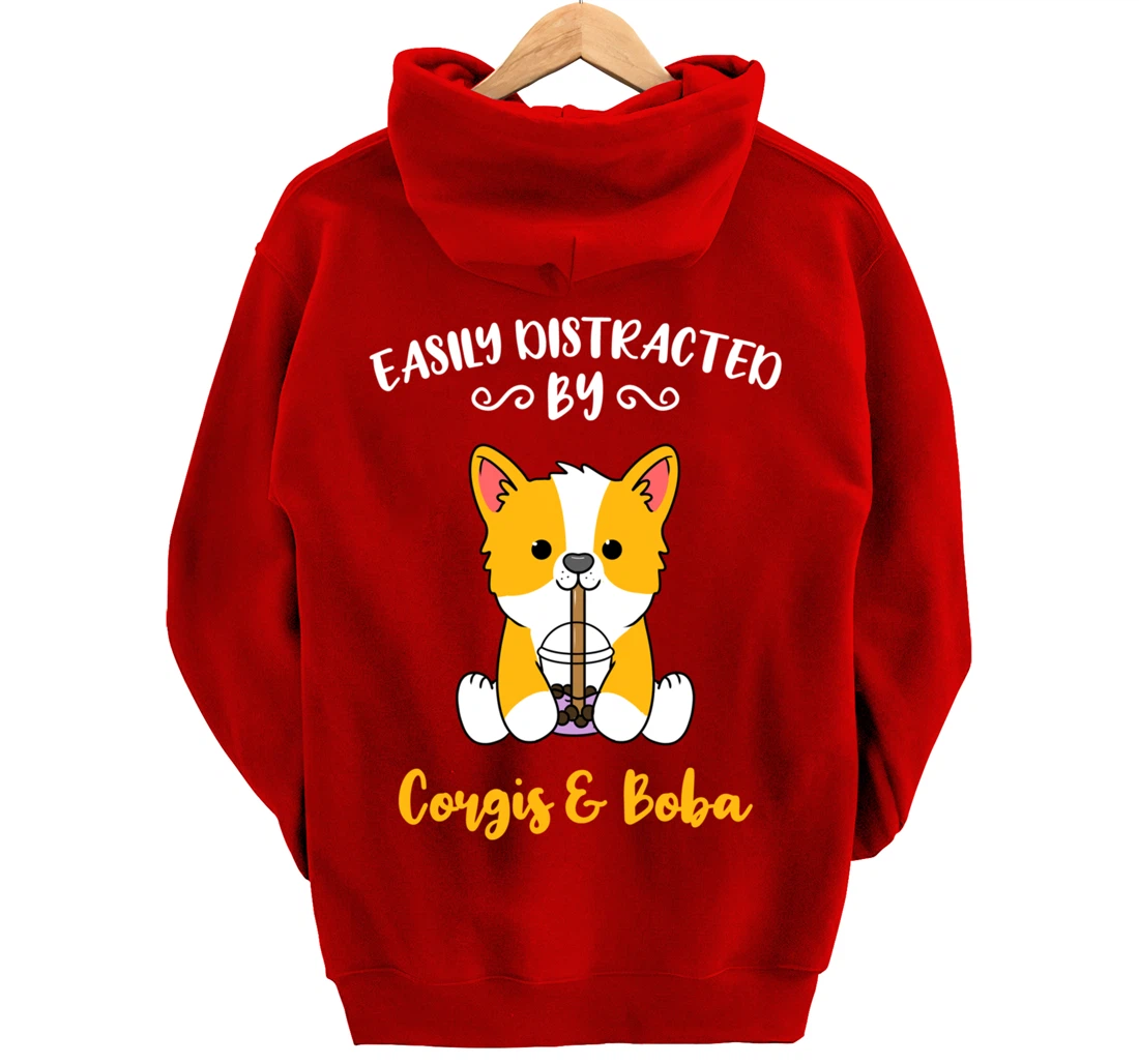 Easily Distracted By Corgis And Boba Pullover Hoodie