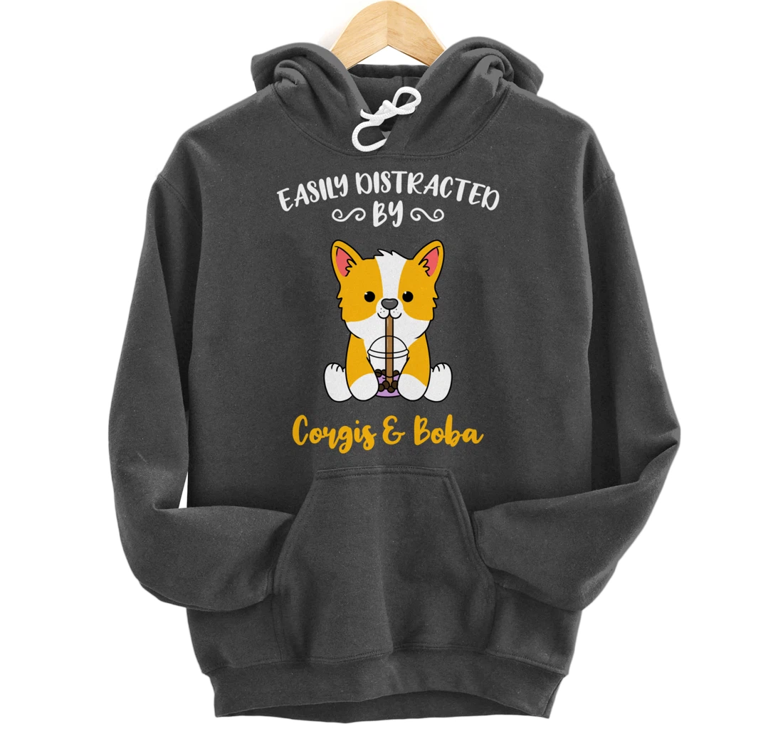 Easily Distracted By Corgis And Boba Pullover Hoodie