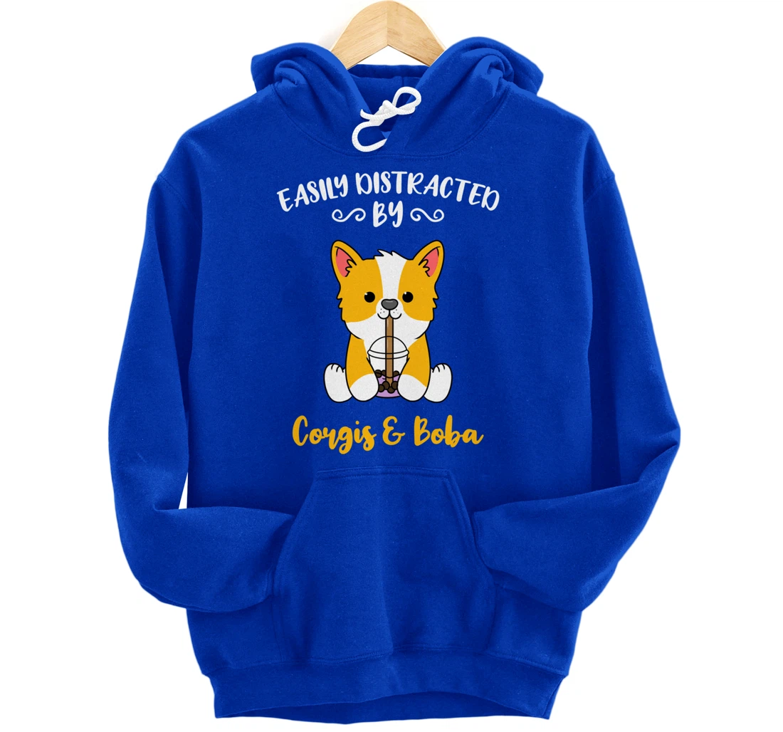Easily Distracted By Corgis And Boba Pullover Hoodie