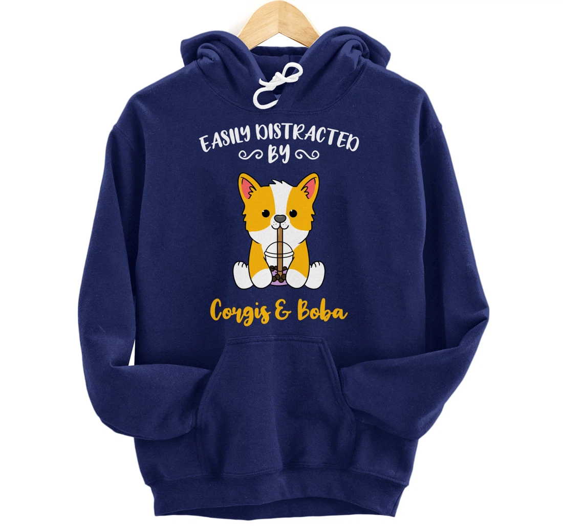 Easily Distracted By Corgis And Boba Pullover Hoodie