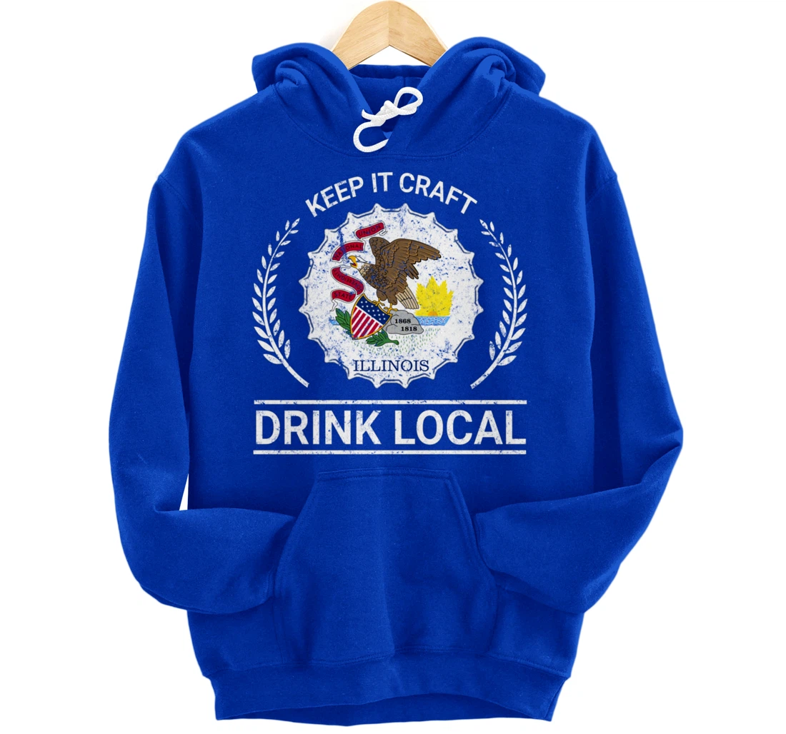 Drink Local Illinois Vintage State Flag Beer Bottle Cap Pullover Hoodie