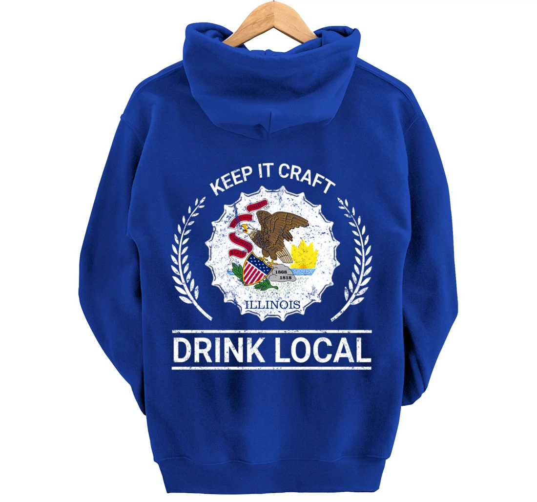 Drink Local Illinois Vintage State Flag Beer Bottle Cap Pullover Hoodie