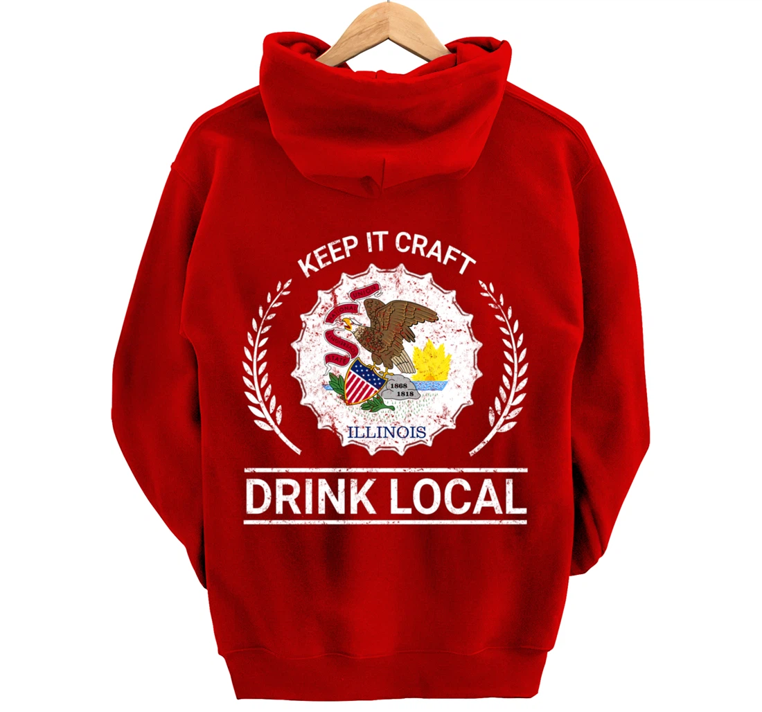 Drink Local Illinois Vintage State Flag Beer Bottle Cap Pullover Hoodie