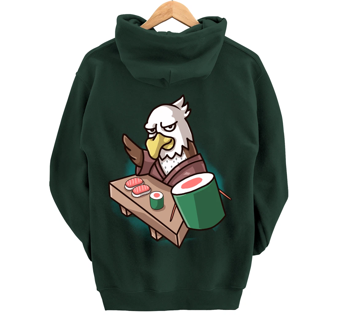 Sushi Bald Eagle Chef Cartoon Animal Japanese Food Sushi Fan Pullover Hoodie