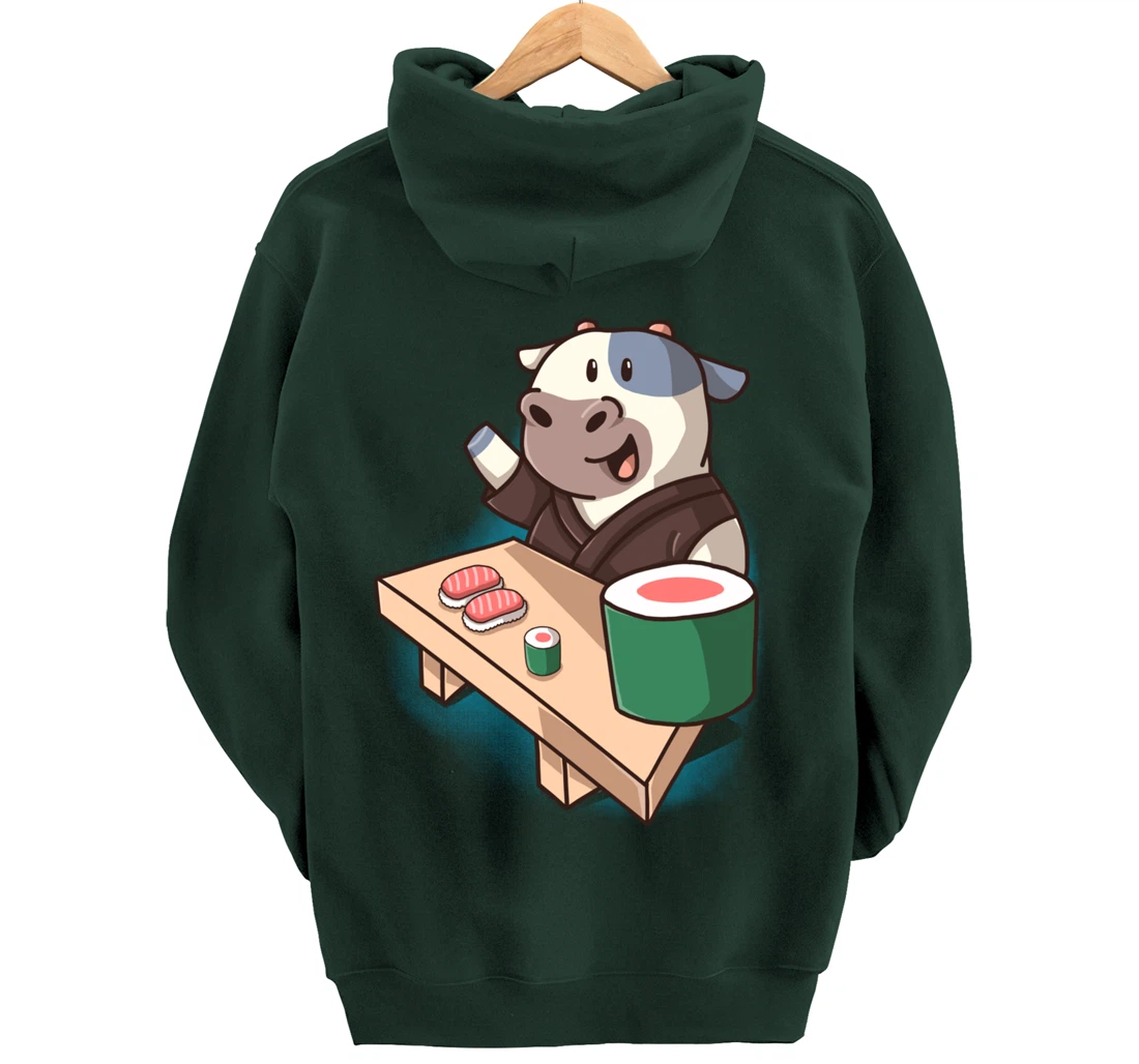 Sushi Cow Chef Cartoon Animals Japanese Food Sushi Fan Pullover Hoodie