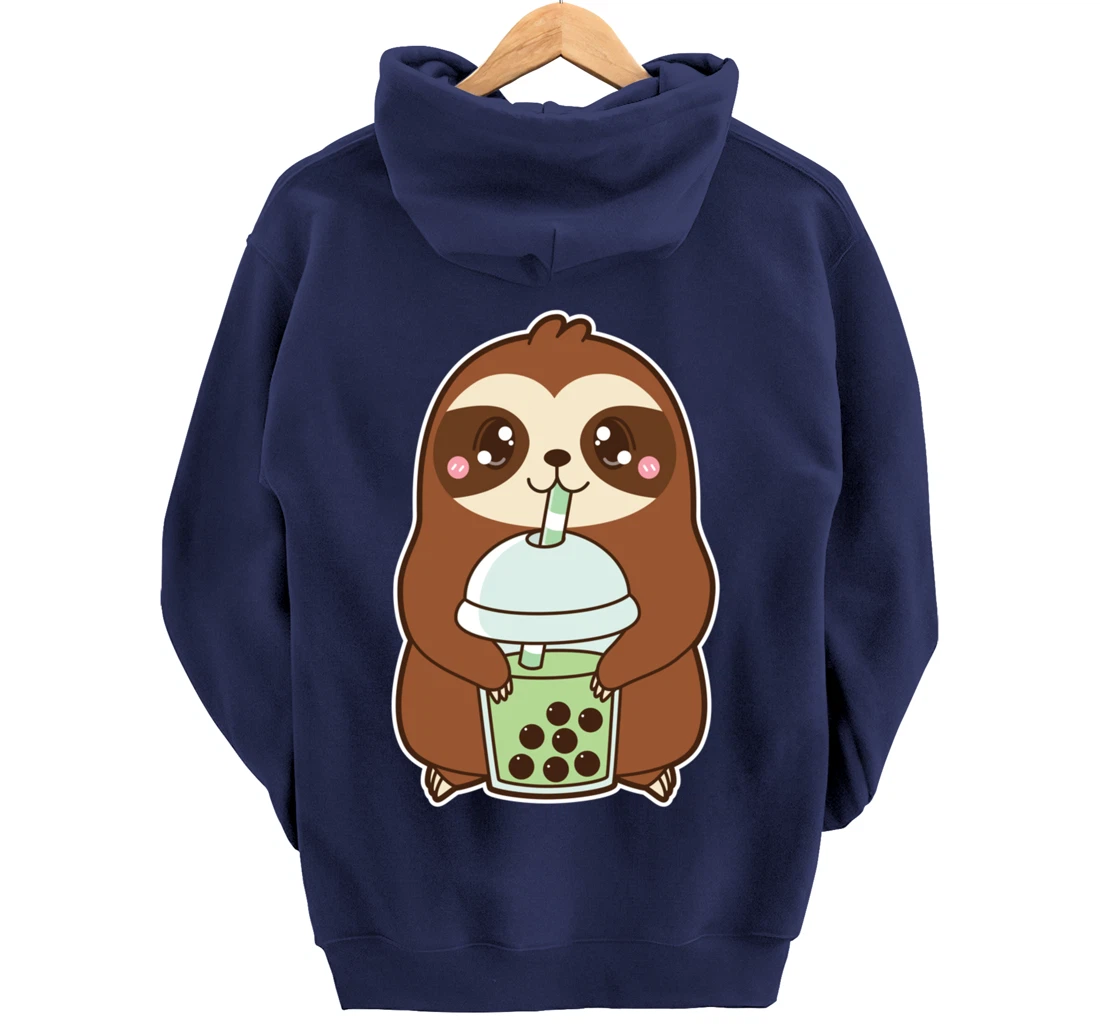 Kawaii Cute Boba Sloth Matcha Green Bubble Pearl Milk Tea Pullover Hoodie