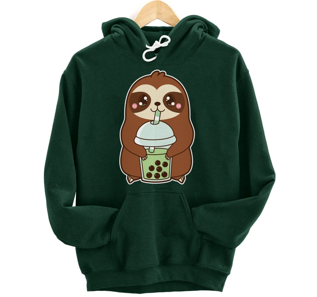 Kawaii Cute Boba Sloth Matcha Green Bubble Pearl Milk Tea Pullover Hoodie