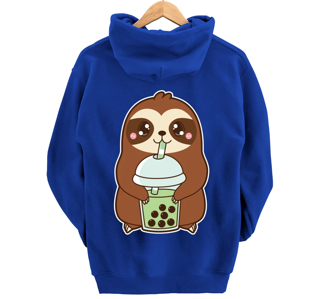Kawaii Cute Boba Sloth Matcha Green Bubble Pearl Milk Tea Pullover Hoodie