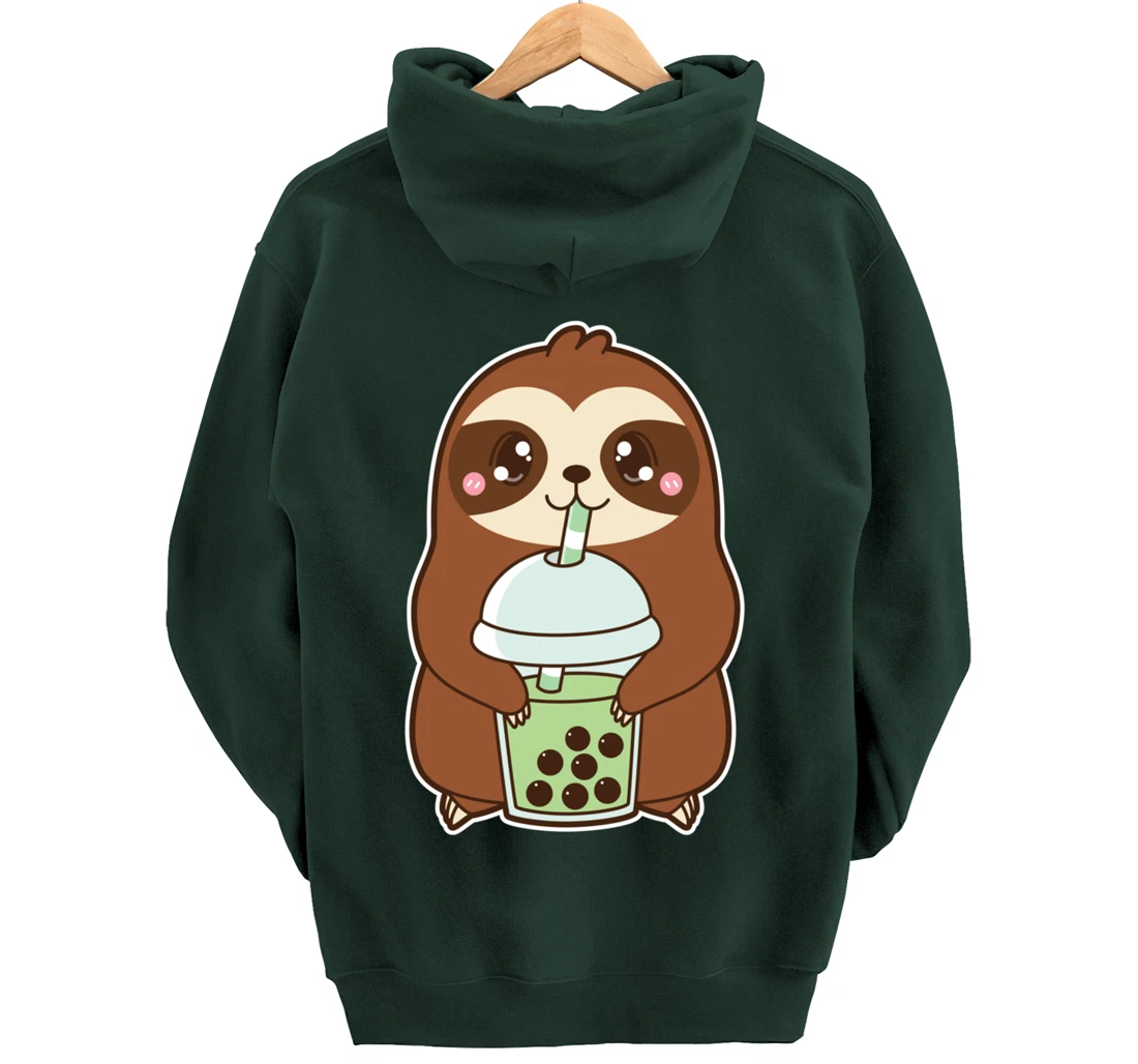 Kawaii Cute Boba Sloth Matcha Green Bubble Pearl Milk Tea Pullover Hoodie