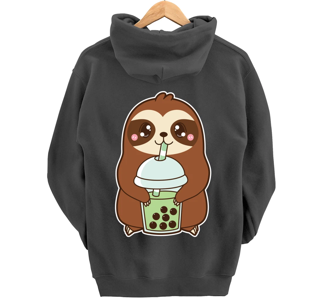 Kawaii Cute Boba Sloth Matcha Green Bubble Pearl Milk Tea Pullover Hoodie