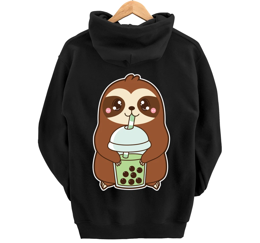 Kawaii Cute Boba Sloth Matcha Green Bubble Pearl Milk Tea Pullover Hoodie