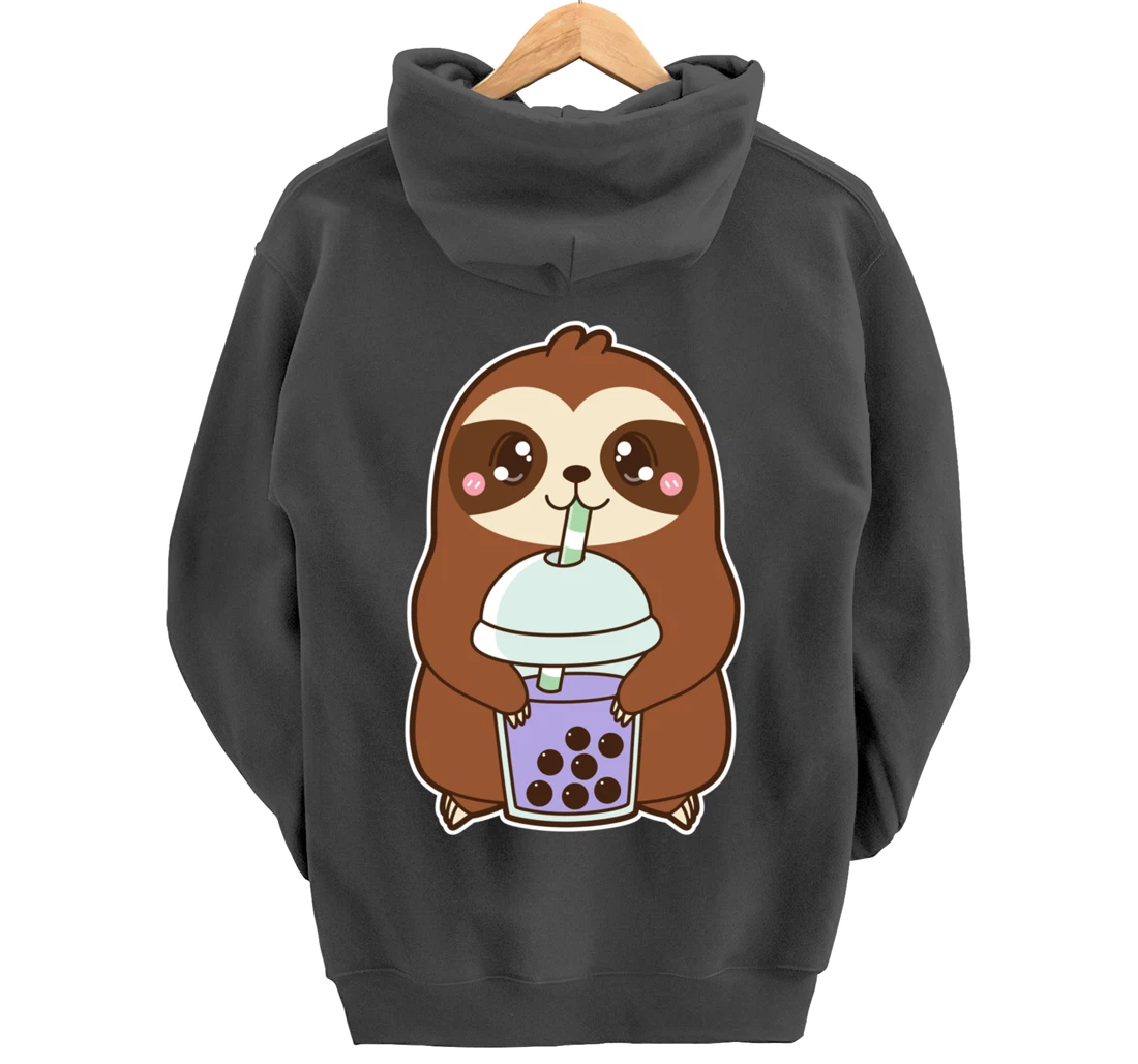 Kawaii Cute Boba Lazy Sloth Taro Bubble Pearl Milk Tea Pullover Hoodie
