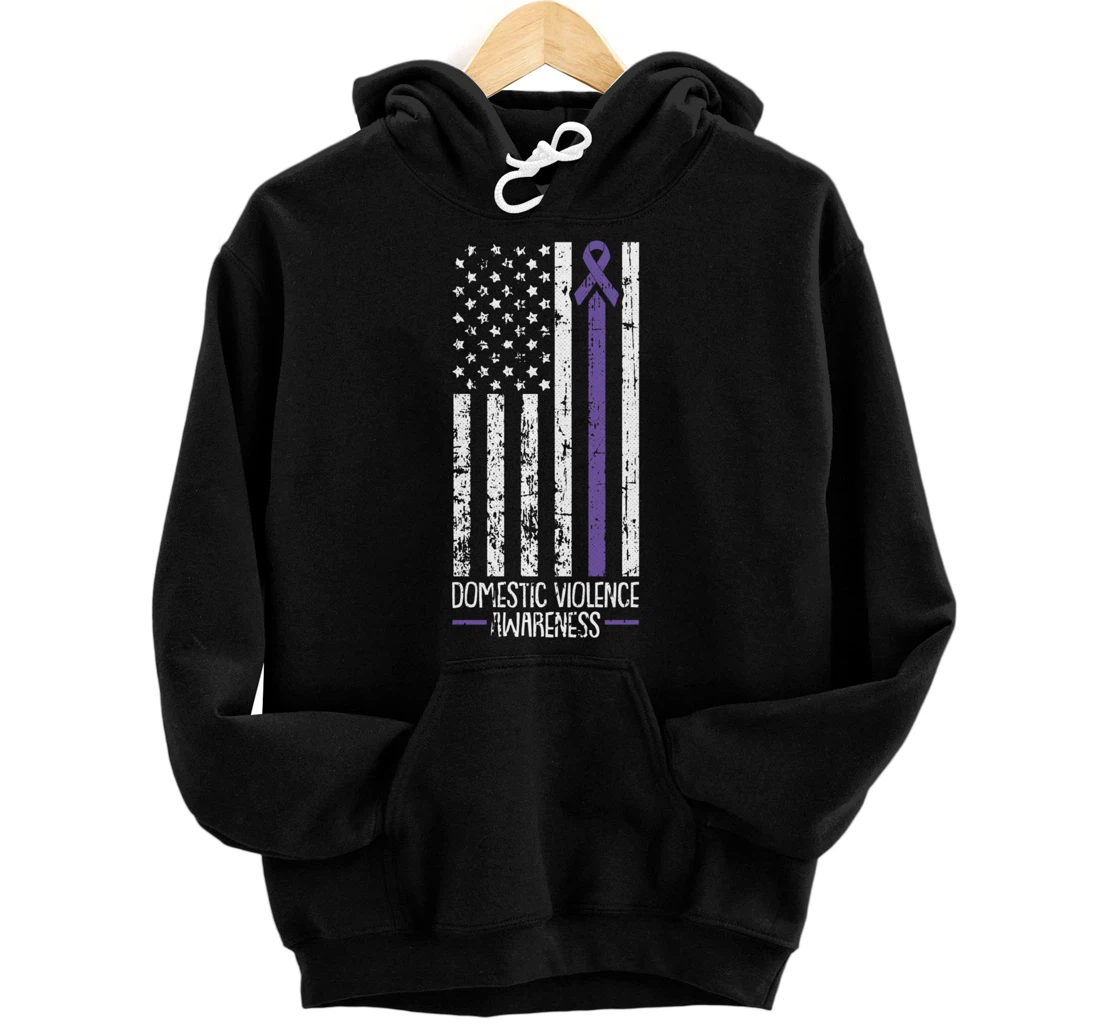 American Flag Domestic Violence Awareness Cool Purple Ribbon Pullover Hoodie