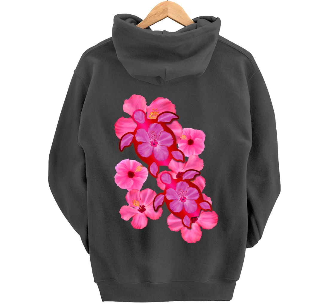 Tropical Sea Turtle Hawaiian Honu Hibiscus Flowers Pullover Hoodie
