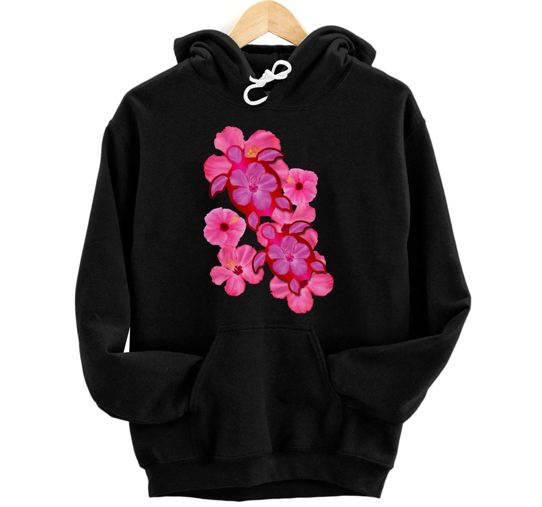 Tropical Sea Turtle Hawaiian Honu Hibiscus Flowers Pullover Hoodie